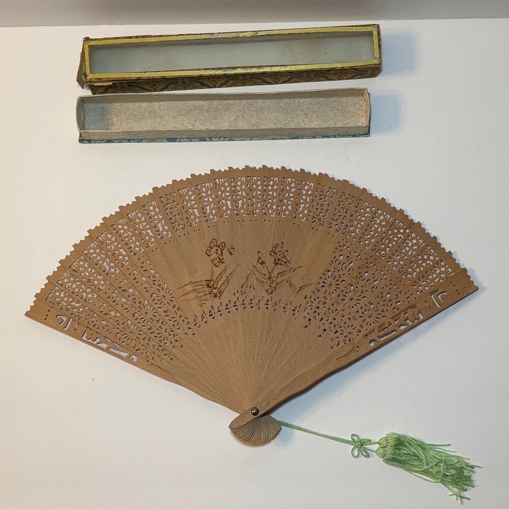 Vintage Japanese Folding Wooden Fan Carved Flower w/ Box